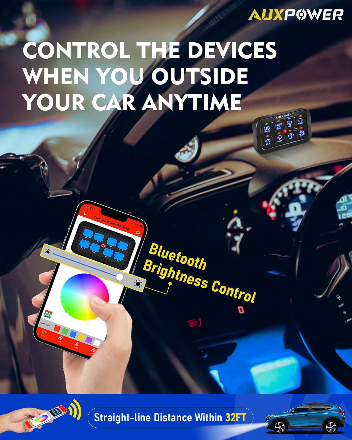 Auxpower RGB 8 Gang Switch Panel with App Control Turn On/Off Momentary Pulsed Multifunction 12V Switch Panel for Truck Circuit Control Relay System Switch Panel Waterproof for Car Boat Truck RV