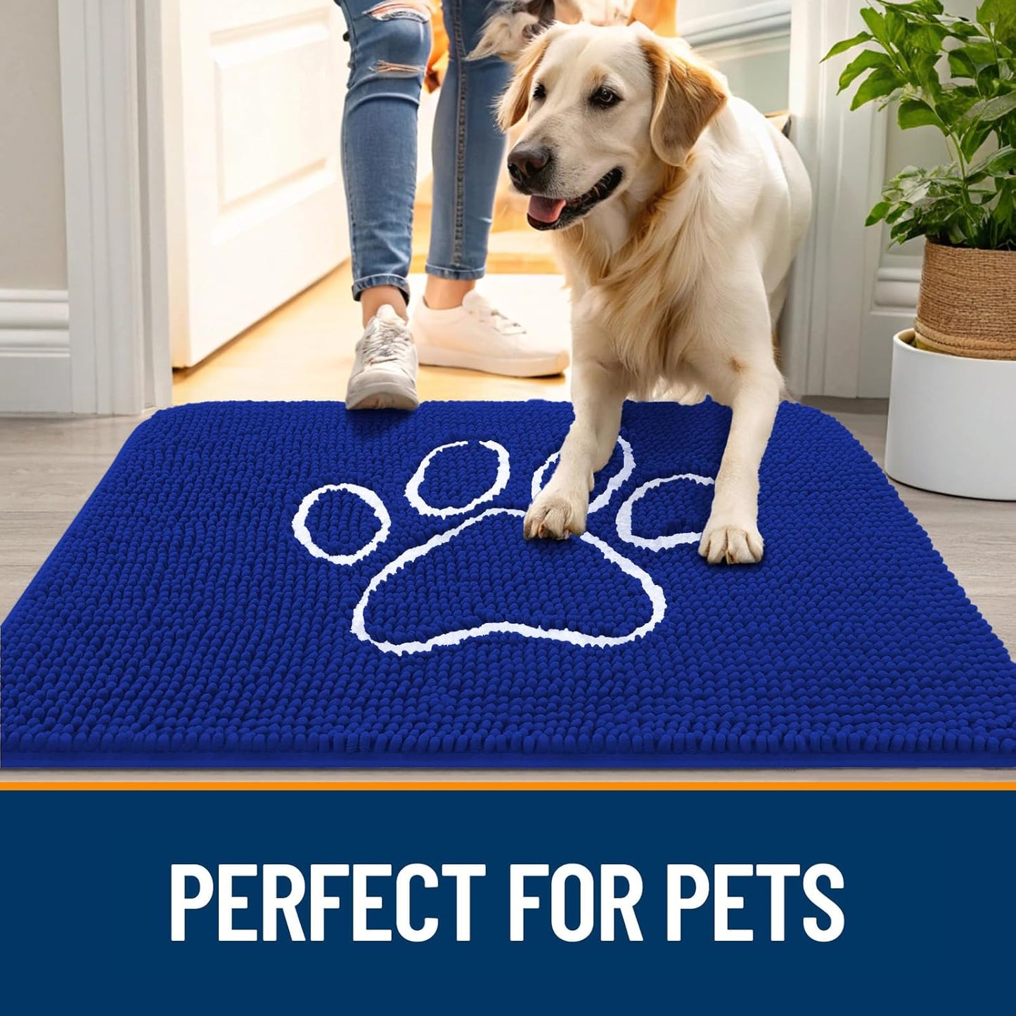OLANLY Dog Door Mat - Absorbent Muddy Paws Doormat | Non-Slip Chenille, 36x24, Royal Blue