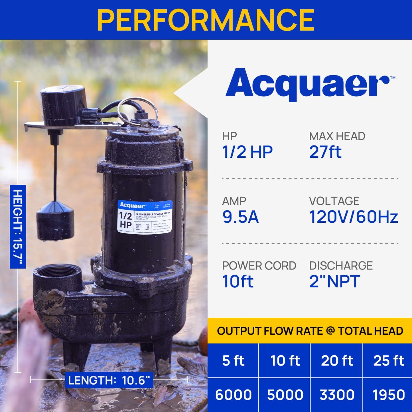 Acquaer Sewage Pump, Cast Iron, Automatic Tethered Float Switch, Sewage Effluent Pump for Sump Basin, Basement, Residential Sewage, 2'' NPT Discharge, Deep Black