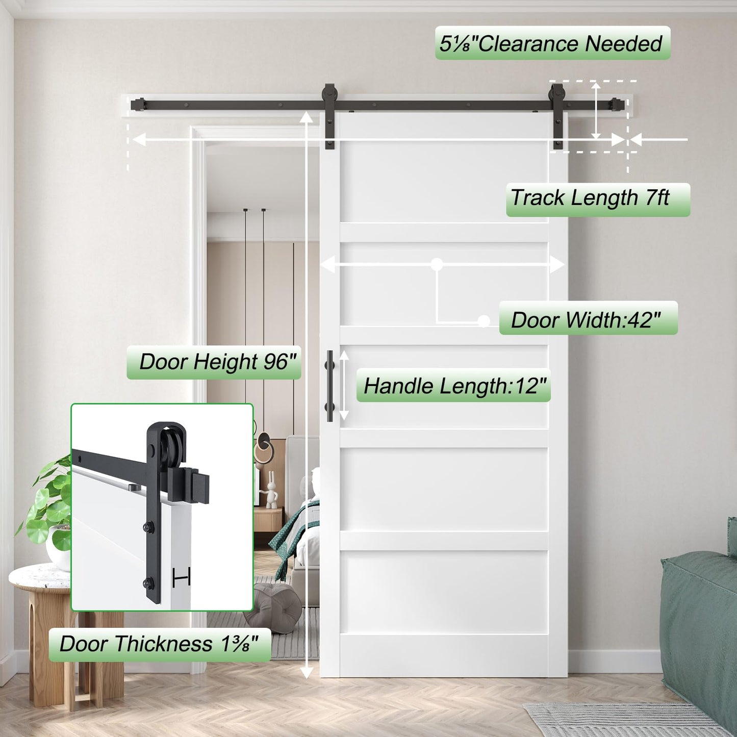 Fredbeck 42x96 inch White Barn Door with 7FT Sliding Door Hardware Kit Included & Handle,MDF,Solid PVC Surface,DIY Assembly,5-Panel