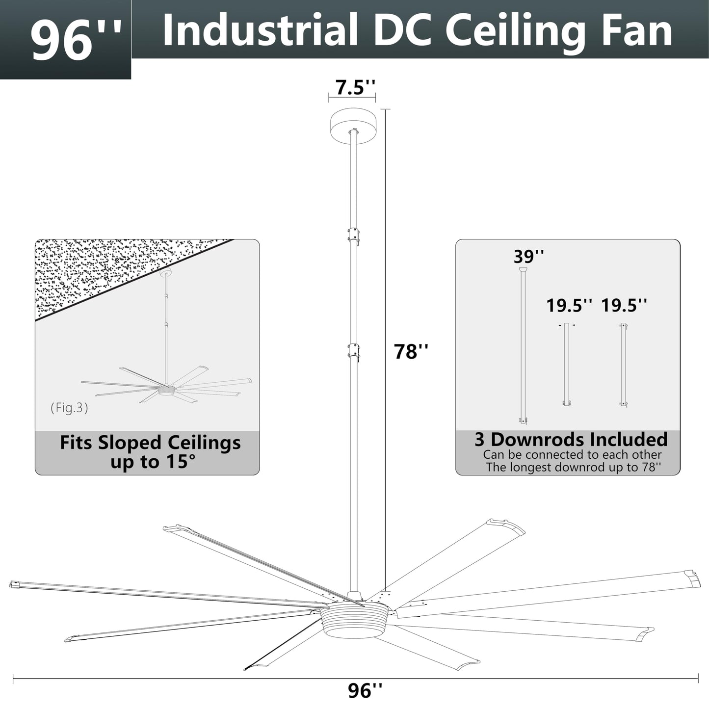 Ohniyou 96'' Industrial Ceiling Fan No Light - High CFM Large Metal Fan with 8 Aluminum Blades, Remote/APP Controlled, DC Motor, for Shop, Warehouse, Gym, Black