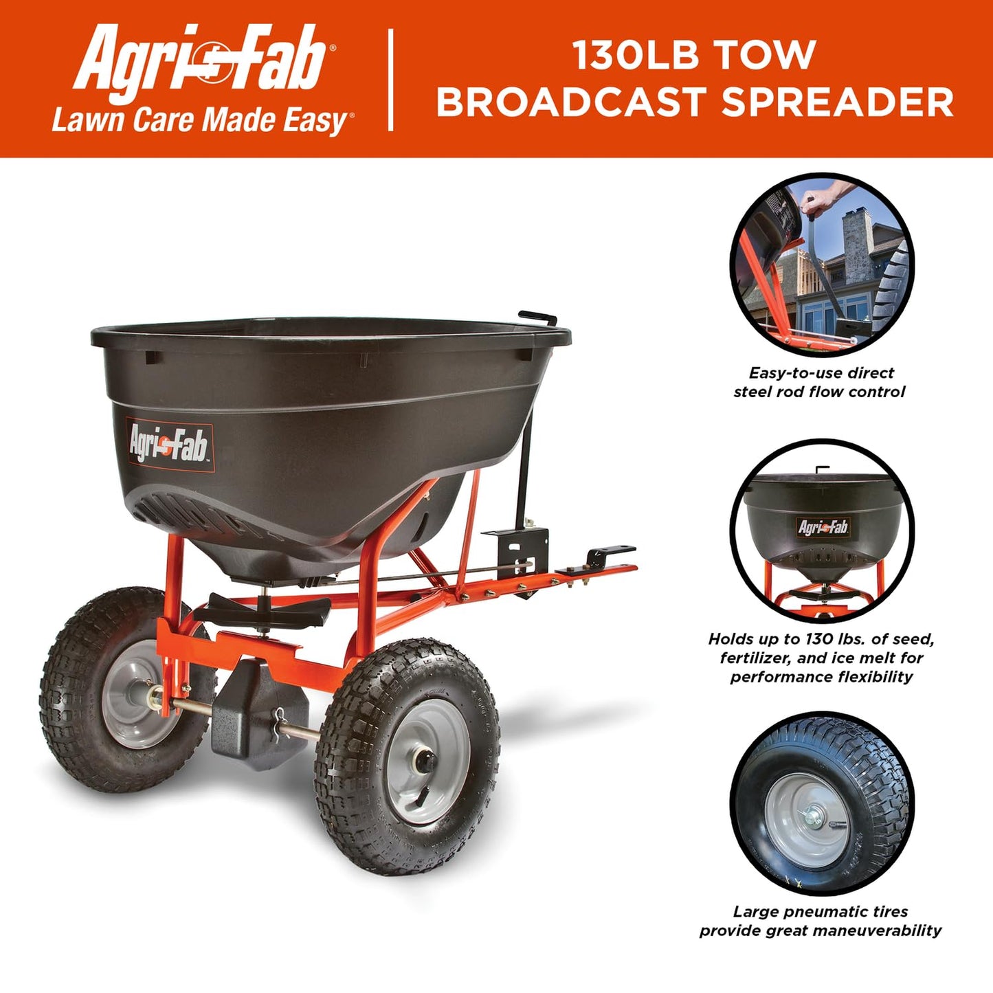Agri-Fab Pull Behind Broadcast Spreader for Seed, Fertilizer, Salt and Ice Melt, 130 lb Hopper Capacity with Universal Hitch and 12 Ft Spread Width