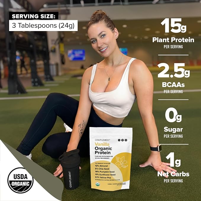 Complement Organic Vanilla Vegan Protein Powder (30 Servings) Low Carb, Low Calorie, Sugar Free, Soy Free, Non-GMO, Gluten Free, Non Dairy- Yellow Pea, Pumpkin Seed- 15g Plant Based Protein Powder