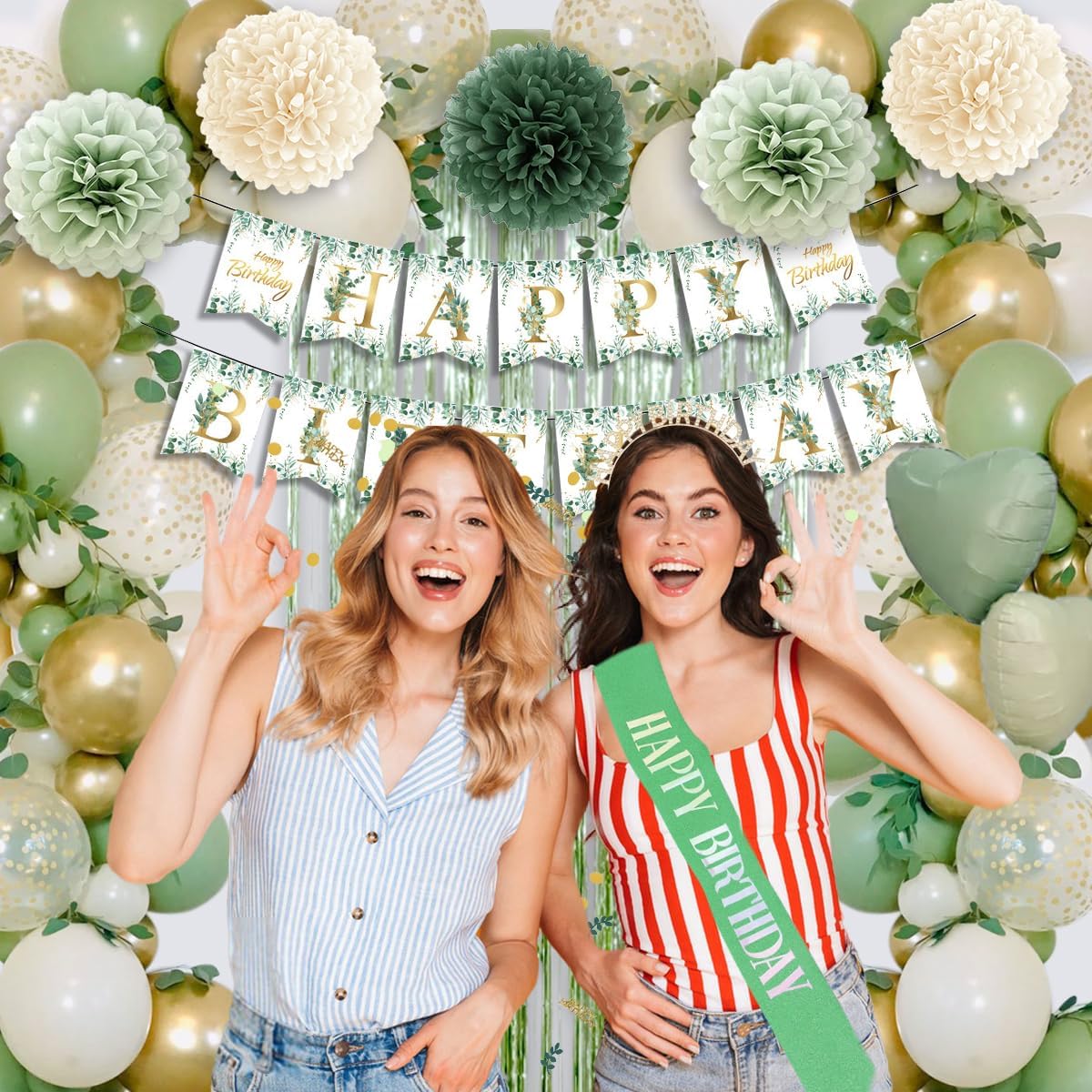 Sage Green Birthday Decorations Set - Balloons, Banner, Pom Poms & Crown for Boho Parties