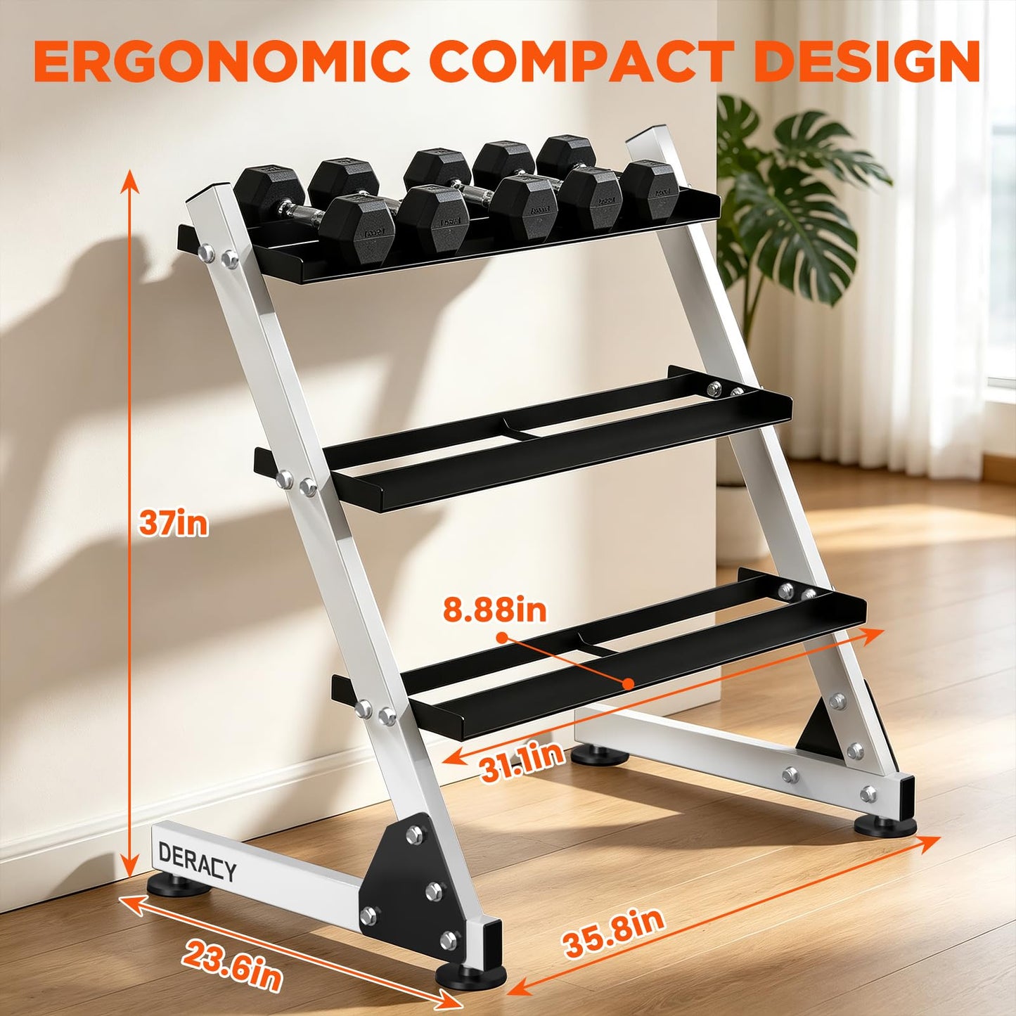 DERACY Dumbbell Rack, 3-Tier Dumbbell Weight Rack for Home Gym, Dumbbell Set Organizer for Dumbbell Kettlebell Barbell, Heavy Duty Weight Storage Rack, Dumbbell Stand Only