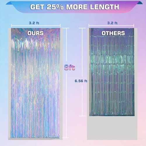Iridescent Clear Tinsel Curtain Backdrop - 3.28 x 8ft Rainbow Foil Fringe | Shimmer Party Decor, 2 Pack