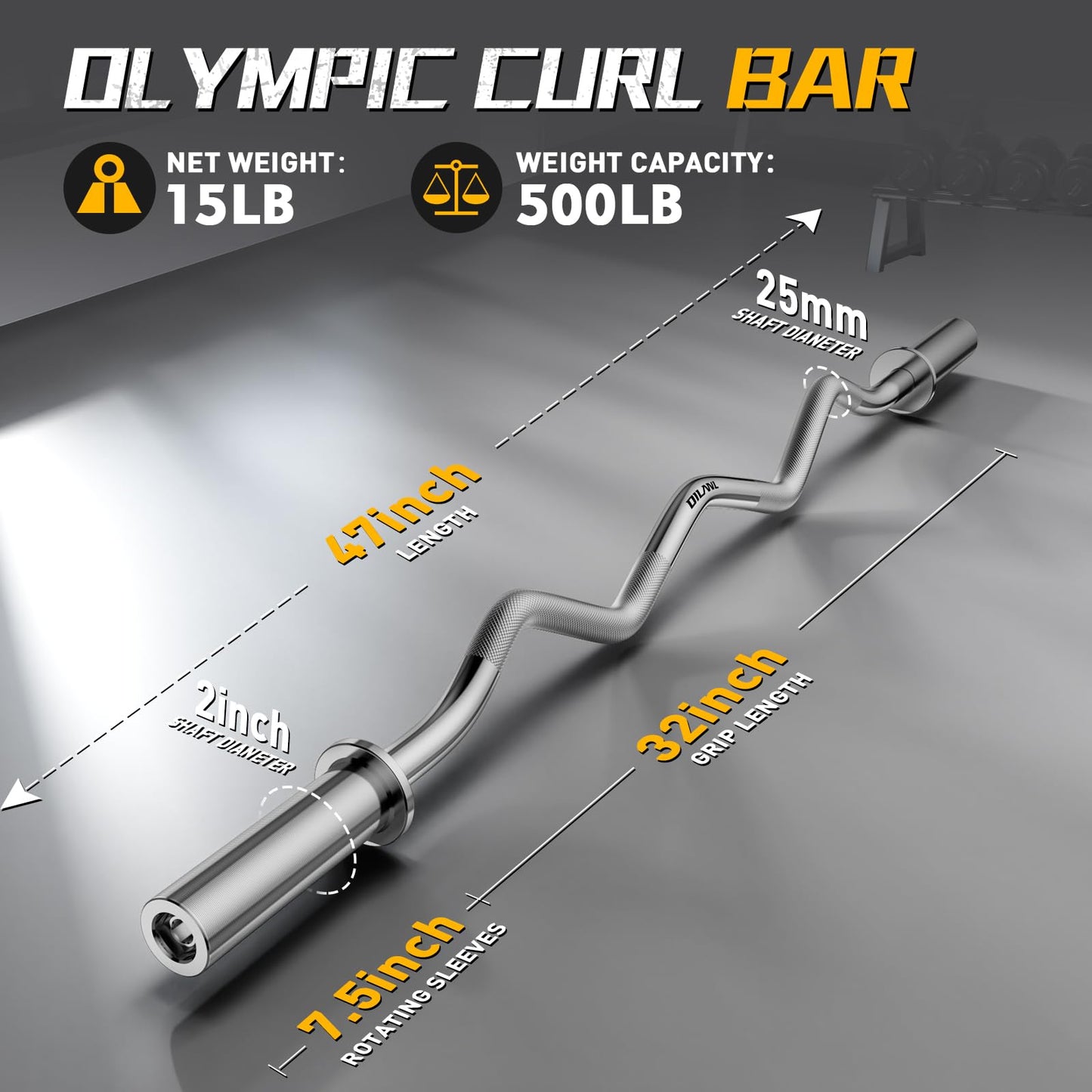 Olympic EZ Curl Barbell Bar, 47" Curl Bar for Weight Lifting, Home Gym Weight Bar- Strength Training,Squat,Hip Thrusts,Biceps, Chrome Curling for 2 Inch Plates -2 Spring Collars