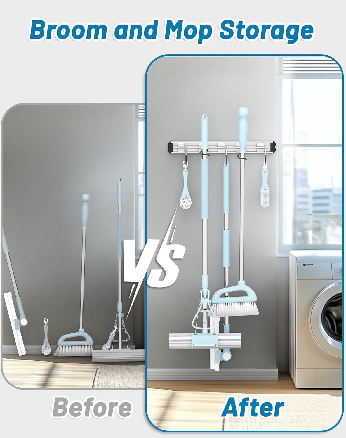 Skiennix Mop and Broom Holder - Wall-Mounted Organizer with Movable Hooks | Modern Aluminum Alloy, Black