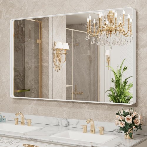 LOAAO Bathroom Mirror - 55x30 Inch White Metal Framed Vanity Mirror | Large Rounded Rectangle, Anti-Rust, Tempered Glass