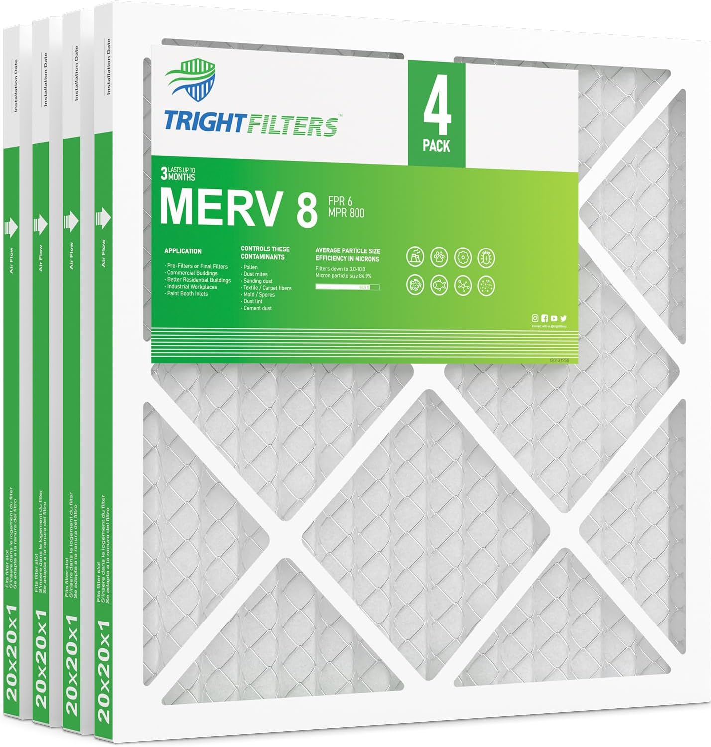 TRIGHTFILTERS 20x20x1 Air Filter - MERV 8 Pleated Dust Defense | 4-Pack Replacement for HVAC Systems