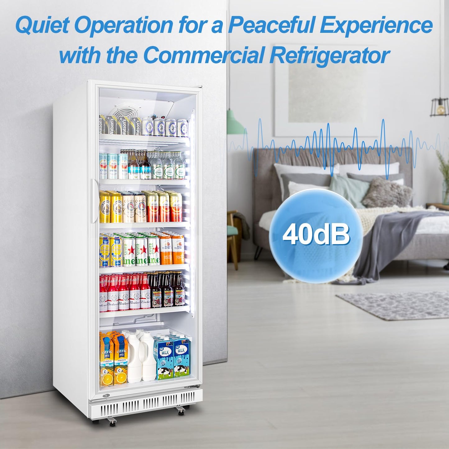 Tylza Commercial Refrigerator with Glass Door Display Beverage Fridge, 360L Upright Beverage Cooler Merchandiser with Rebound Door, Fast Cooling, Low Noise, White