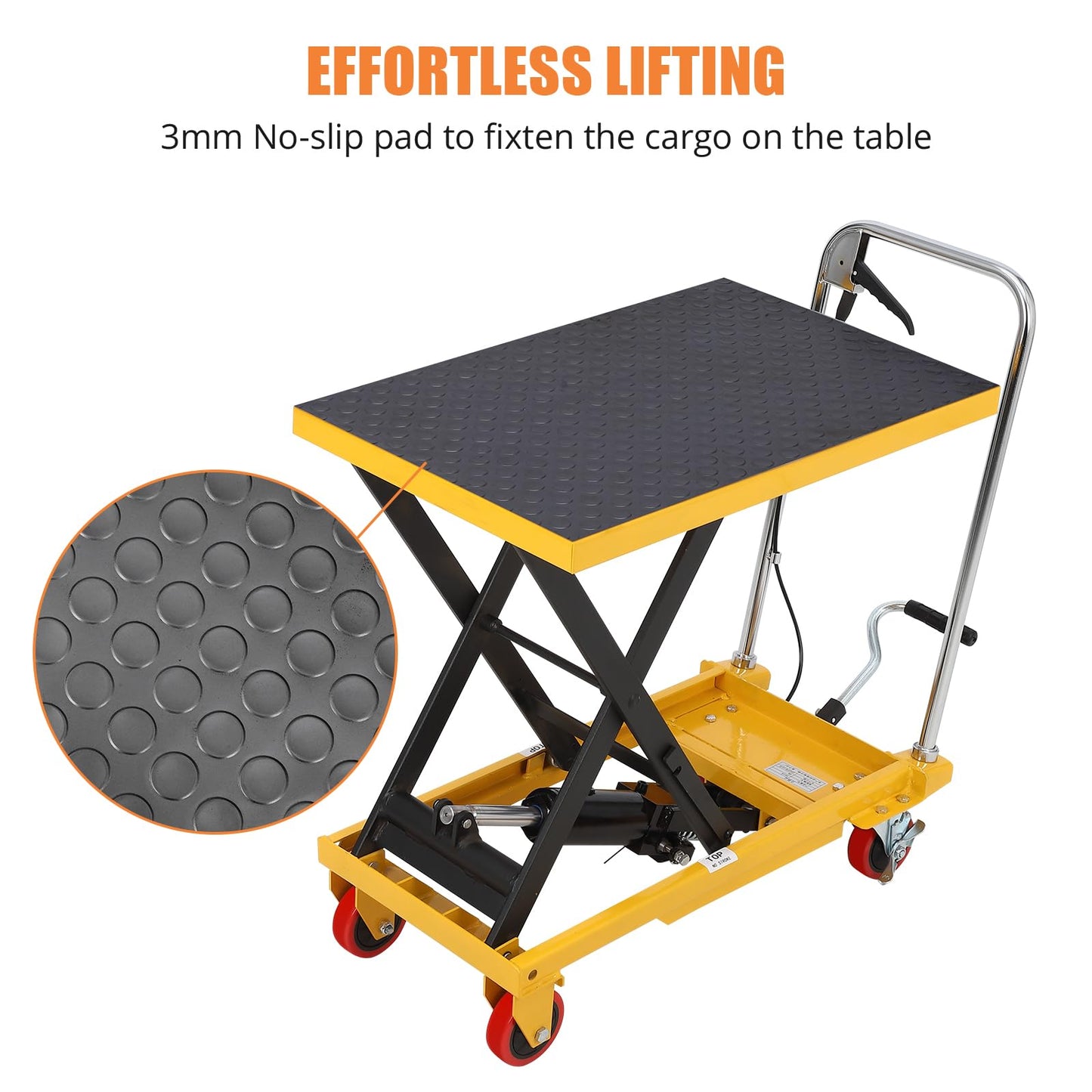 Heavy Duty Hydraulic Lift Table Cart for Stairs – 500 lbs Capacity, Single Scissor Manual Lifting, 28.5" Max Height, Non-Slip Platform, 4 Wheels for Safe Material Handling and Transportation