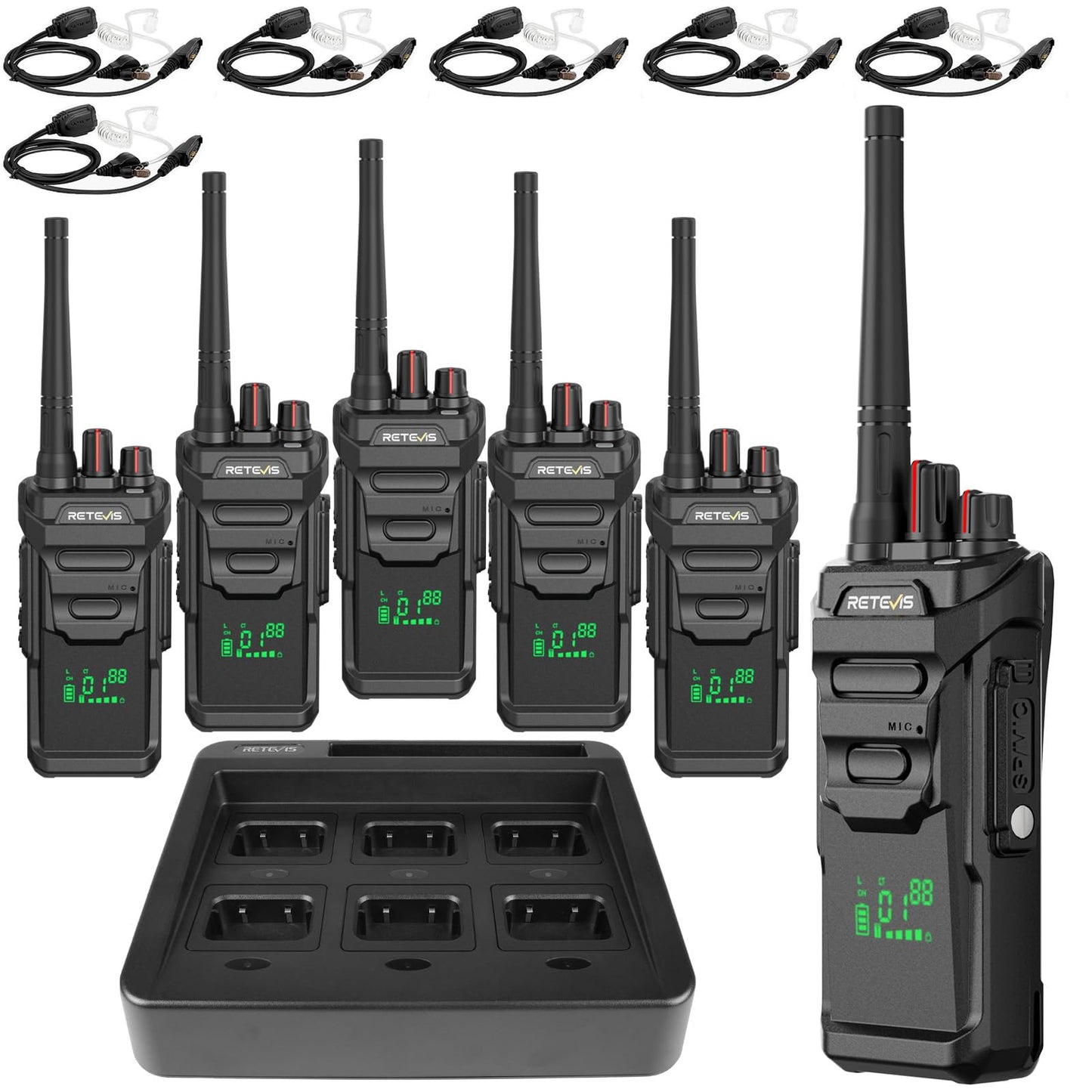 Retevis RT48H (2rd Gen RT48) Waterproof Walkie Talkies, Rugged 2 Way Radio Long Range, Hidden Display Visible Channel, Professional Two Way Radio with Earpiece 6-Way Charger for Industry (6 Pack)