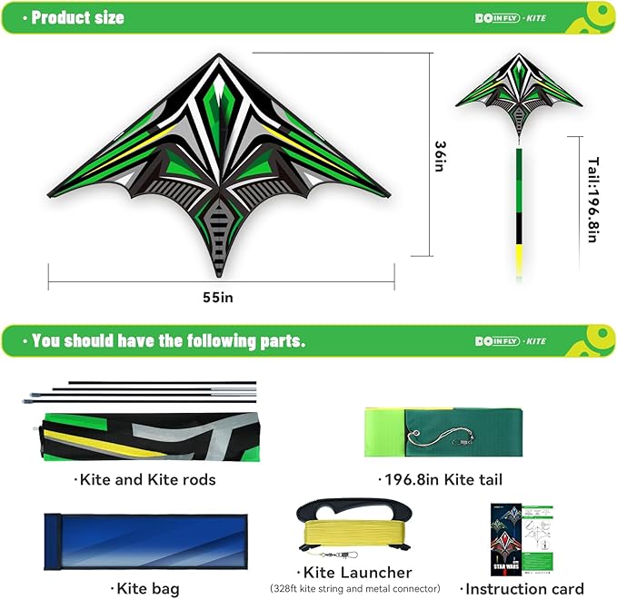Delta Mecha Kite - for Kids & Adults, Easy to Fly, 36 x 55 Inches, Beginner Kites for Beach Days & Park Fun and Family Outdoor Activities, Cool Kites with Kite String Spool（Green）