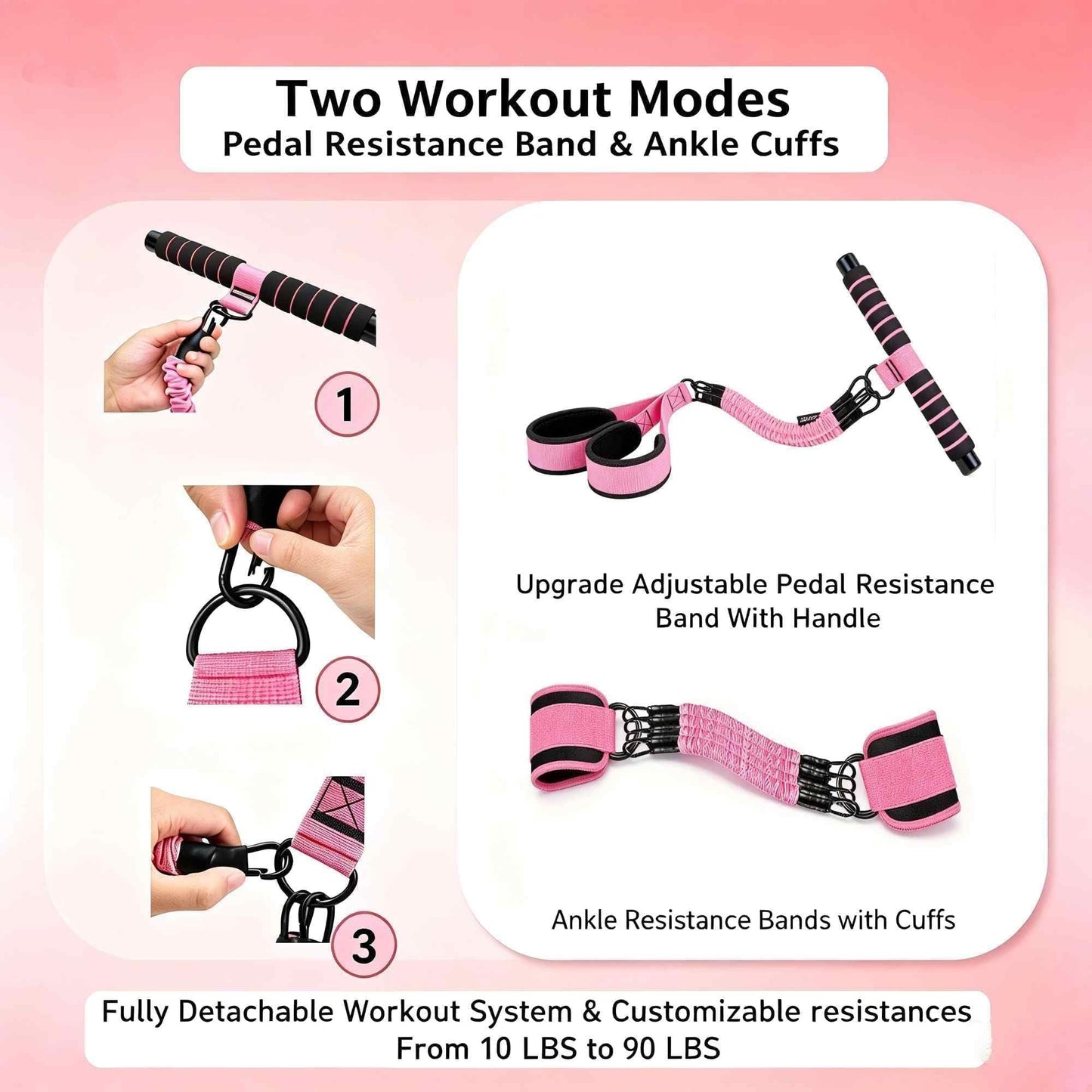 Pedal Resistance Band with Handle, 4 Fabric Covered Tubes 10-90 lbs Exercise Bands with Ankle Straps, Includes Massage Roller & Carry Bag, Full Body Home Gym Workout Equipment for Women and Men