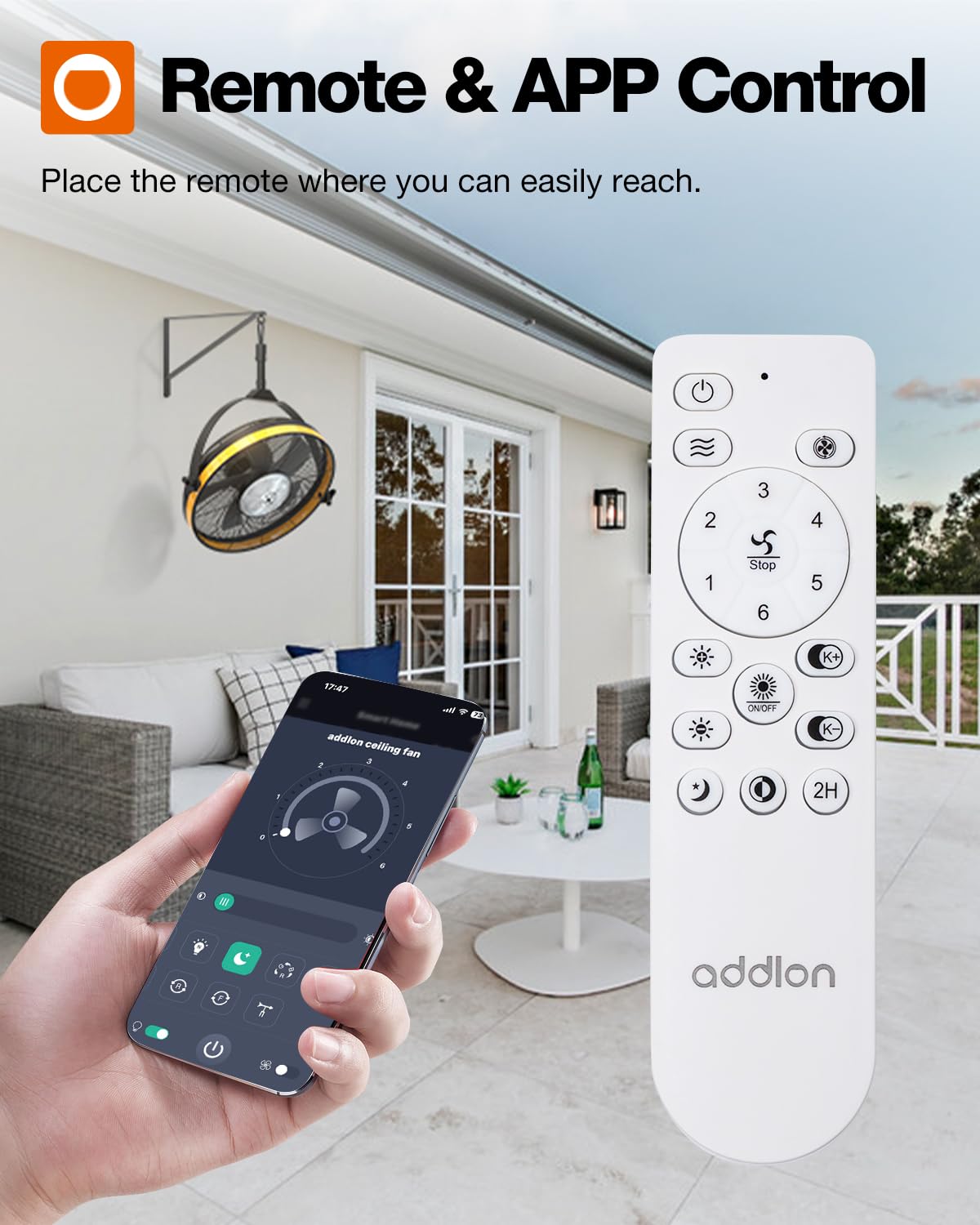 addlon 20" Outdoor Ceiling Fan with Light for Patios, IP65 Waterproof Gazebo Fan with Remote&APP Control,360° Adjustable Tilt,6 Speeds,3CCT Dimmable, Wall Mount Ceiling Fan with Hook Hanging for Porch