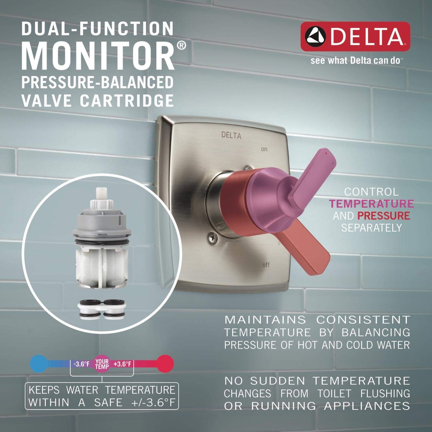 Delta Tetra Single-Function Shower Handle Trim Kit with 3-Way Integrated Diverter, Chrome Shower System Valve with Diverter, Lumicoat Stainless T24889-SS-PR (Valve Not Included)