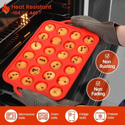 CAKETIME Silicone Mini Muffin Pan - 24-Cup BPA-Free Muffin Molds with Metal Reinforced Frame & Handles | Red 2-Pack