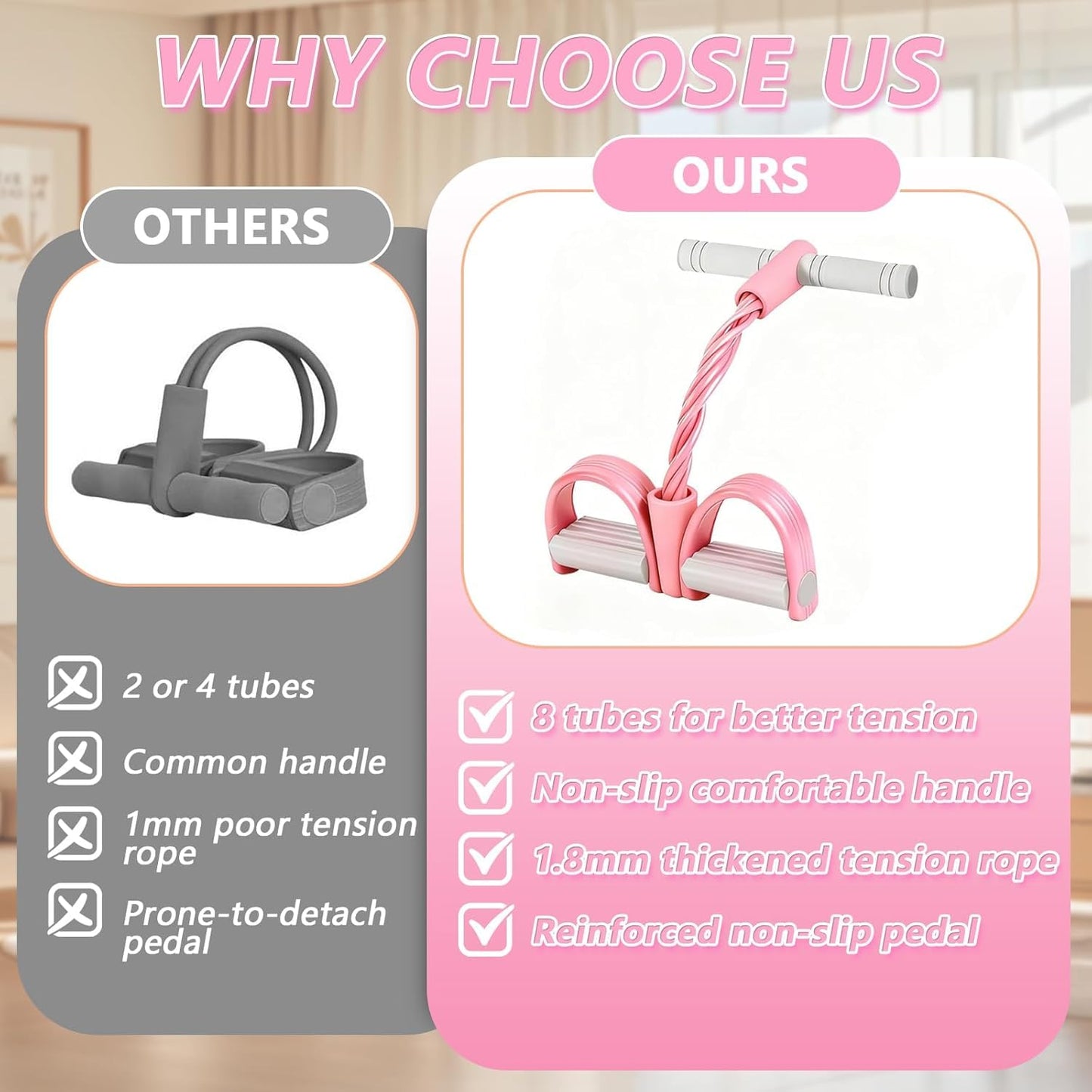 8-Tubes Pedal Resistance Band with Handle, Multifunction Exercise Rope for Working Out, Foot Pedal Resistance Band for Abdomen, Waist, Arm, Leg, Pink