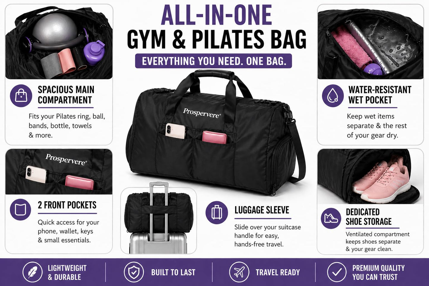 Prospervere Premium Pro Pilates Kit – 15 inch Pilates Ring and Ball Set w/ 1lb Ankle Weights, Fabric Resistance Bands, Sliders, Yoga Socks & Gym Bag – Midnight Power (Black)