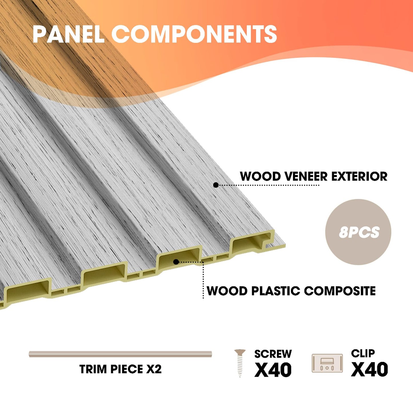OUZUGIE WPC Acoustic Slat Wall Paneling, 8-Pack 96 x 6 Inches 3D Wall Panels for Interior Wall Decor,Living Room,TV Background,Study Room,Office Spaces,Bedroom,Low Grille (Grey)