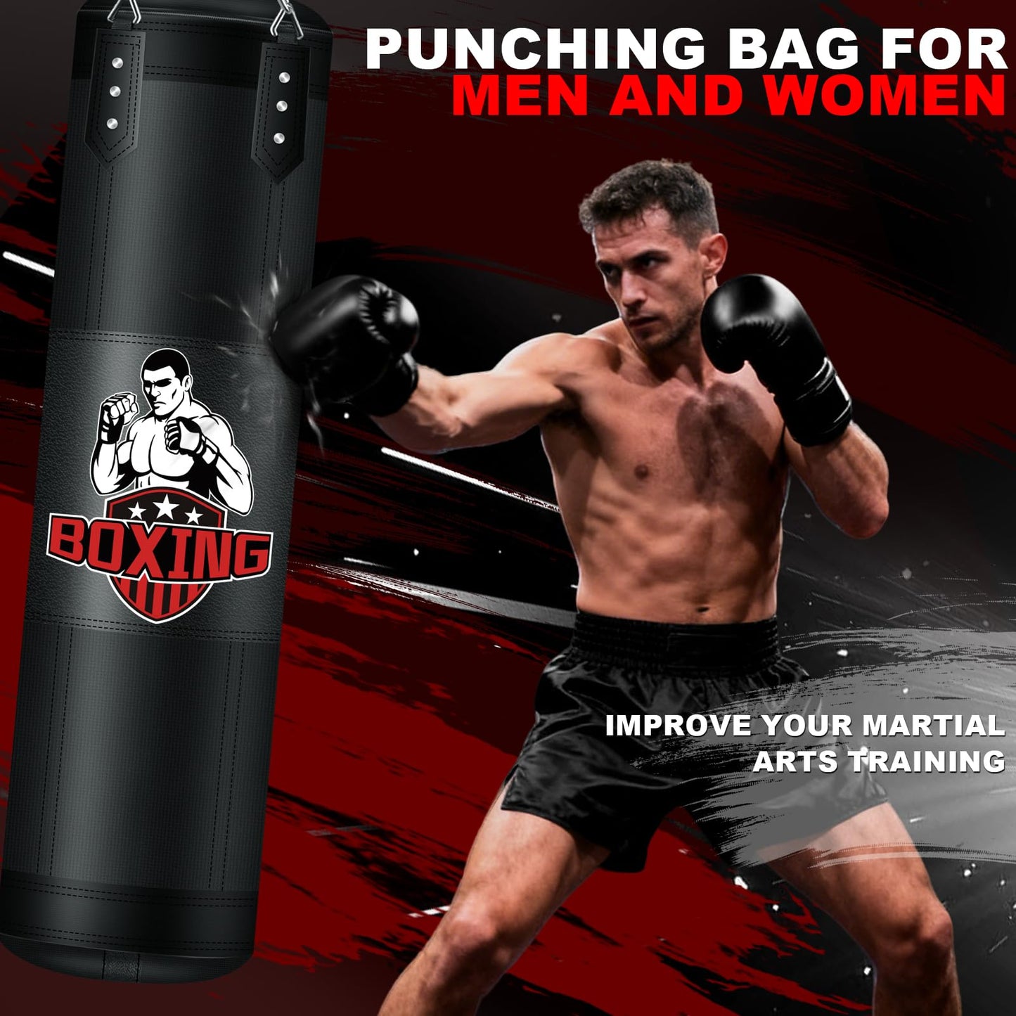 Punching Bag for Adults, 4FT Oxford Heavy Boxing Bag with Chains and Hand Wraps, Boxing Equipment for MMA Karate Kickboxing, Unfilled