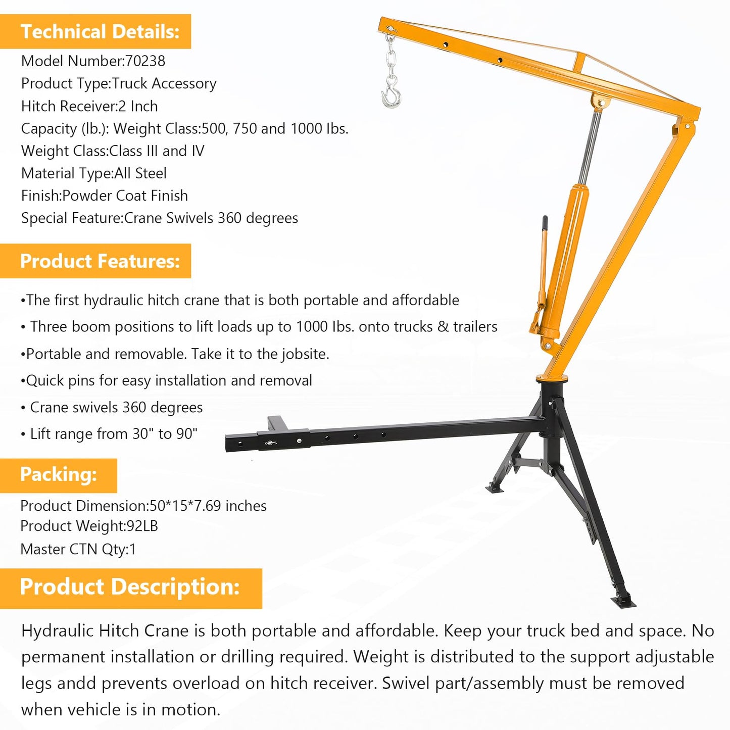 1000 LB Capacity Hydraulic Hitch Mounted Crane, 360° Swivel Truck Bed Crane with 3 Adjustable Capacities for Lifting Heavy Motors, Construction Goods & Cargo, Yellow