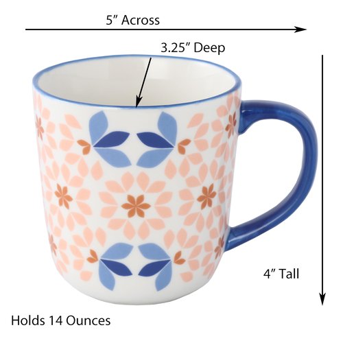 Floral Pattern Coffee Mugs, Bone China Tea Cups with Colored Handles, Set of 4