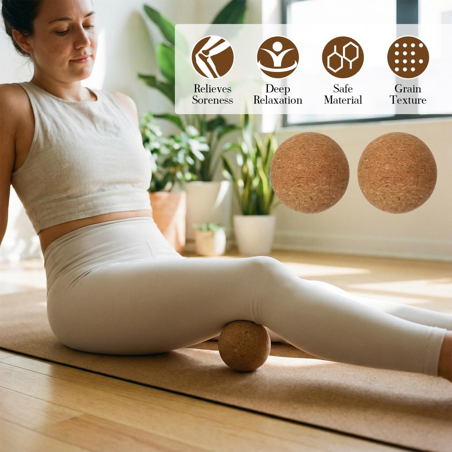 Soulchen 5 Pack Yoga Accessories for Women Set Yoga Block 2 Pack with Strap Massage Ball for Meditation Pilates Cork Blocks Stretching Home Gym Natural High-Density, 12"x8"x2"