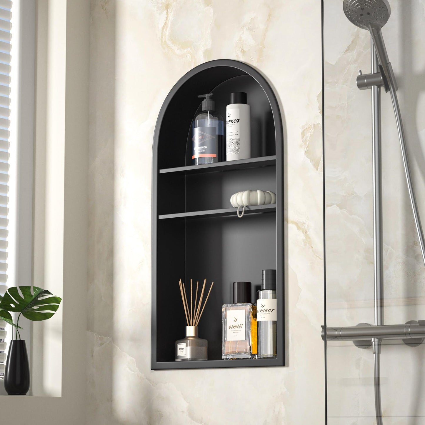 Bernkot Stainless Steel Arched Shower Niche 24" X 12" Matte Black No Tile Needed Vertical Niche Shower with 3-Tier Shelves Recessed Wall Arched Niches for Bathroom Storage