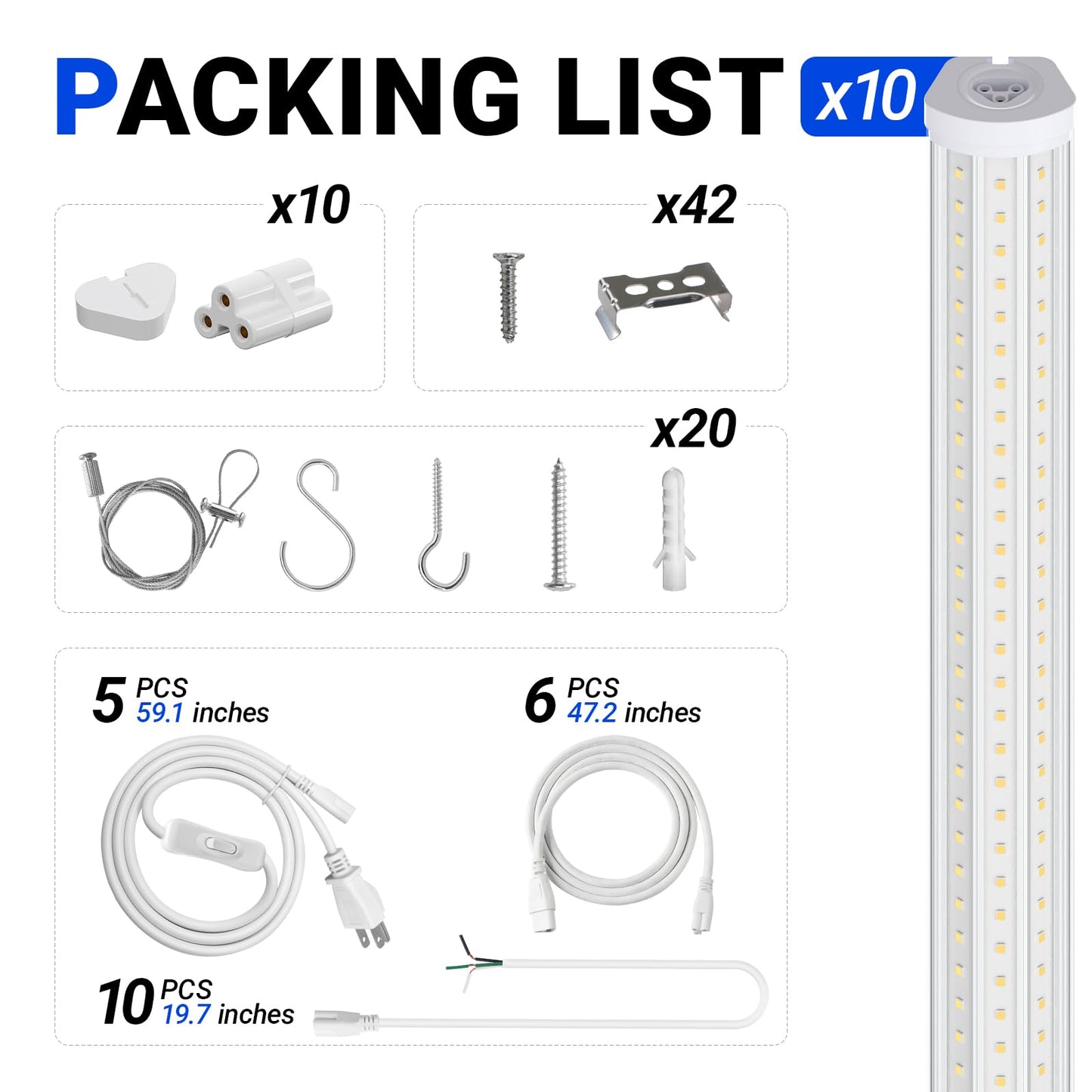 Barrina 8FT LED Shop Light, 140W 17000LM 5000K, U-Shaped 3 Rows LED Garage Lights, Linkable, Hanging & Flush Mount, 8 Foot Commercial LED Shop Lights for Garage, Workshop, Kitchen, 10 Packs, Silver