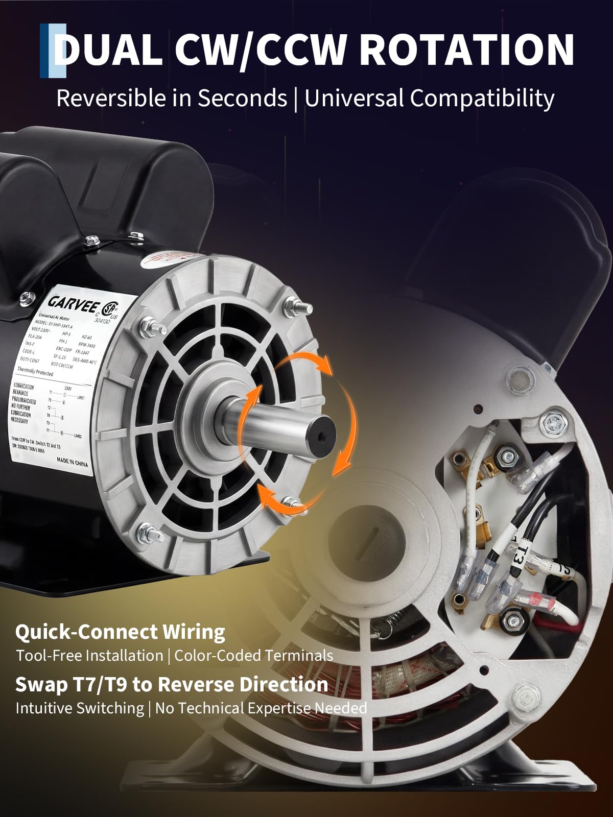 2HP SPL Air Compressor Electric Motor, 115/230V 56 Frame 3450 RPM with 5/8" Keyed Shaft 60 Hz, 18/9 Amps, 1.88" Shaft Length, Ultra Quiet, Dual CW/CCW Rotation (Factory Setting is CCW)