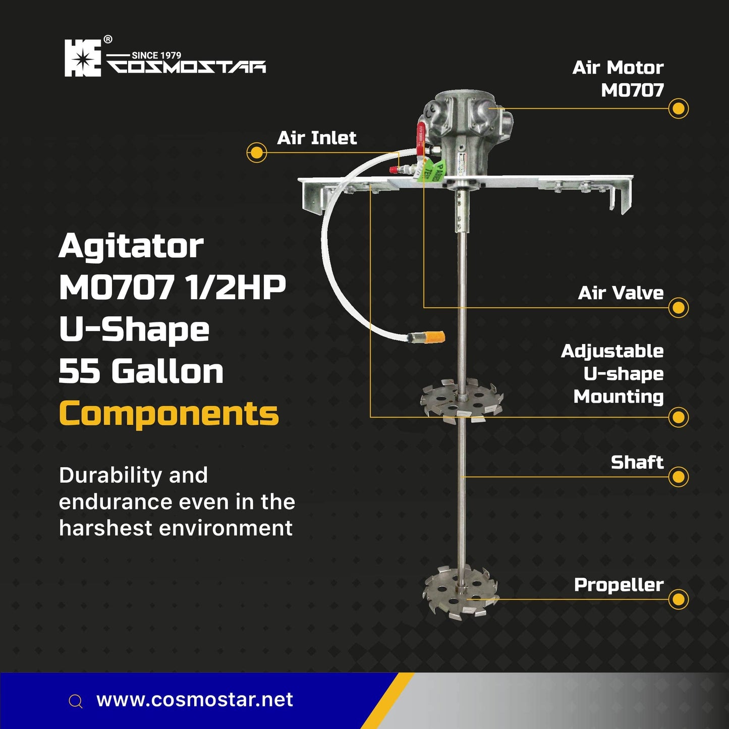 COSMOSTAR 1/2HP 55 Gallon Pneumatic 55 Gallon Agitator Adjustable Drum Bucket Paint Mixer| Pneumatic Bracket Mixer, Paint Stirring Machine Bracket Air Agitator Paint Mix Tool, Tank Barrel Air Mixer