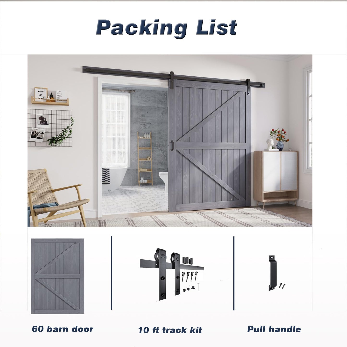 FREDBECK 60in x 84in Gray Wood Barn Door Slab with 10ft (120inch) Barn Door Hardware Track Kit Included, Double Surfaces,Simple Assembly is Required,K-Frame,Grey