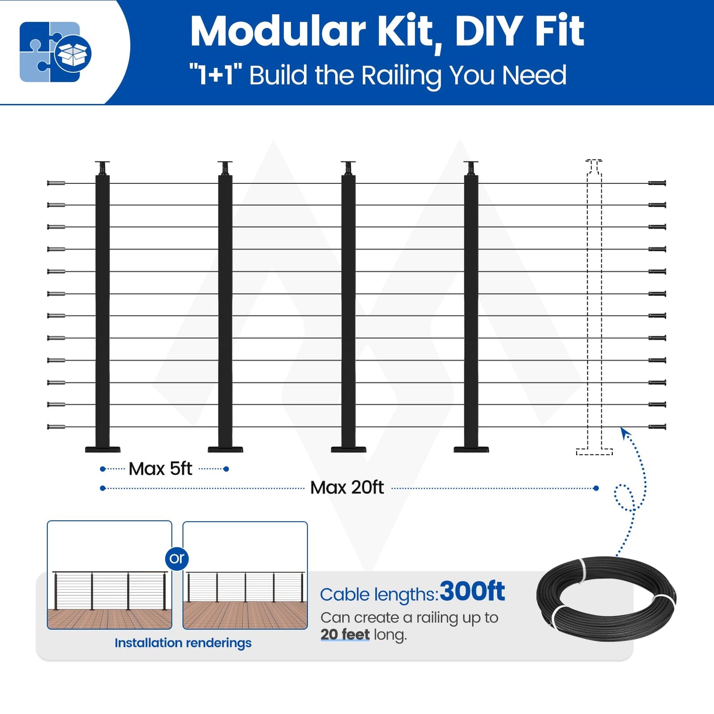 Muzata 15-20FT Modular Black Cable Railing Kit 42 Inch 4 Level Post Kit Complete Set Cable Railing System for Decks Length Adjustable Easy DIY with Paper User Guide (No Handrail) RWS1 BH4L
