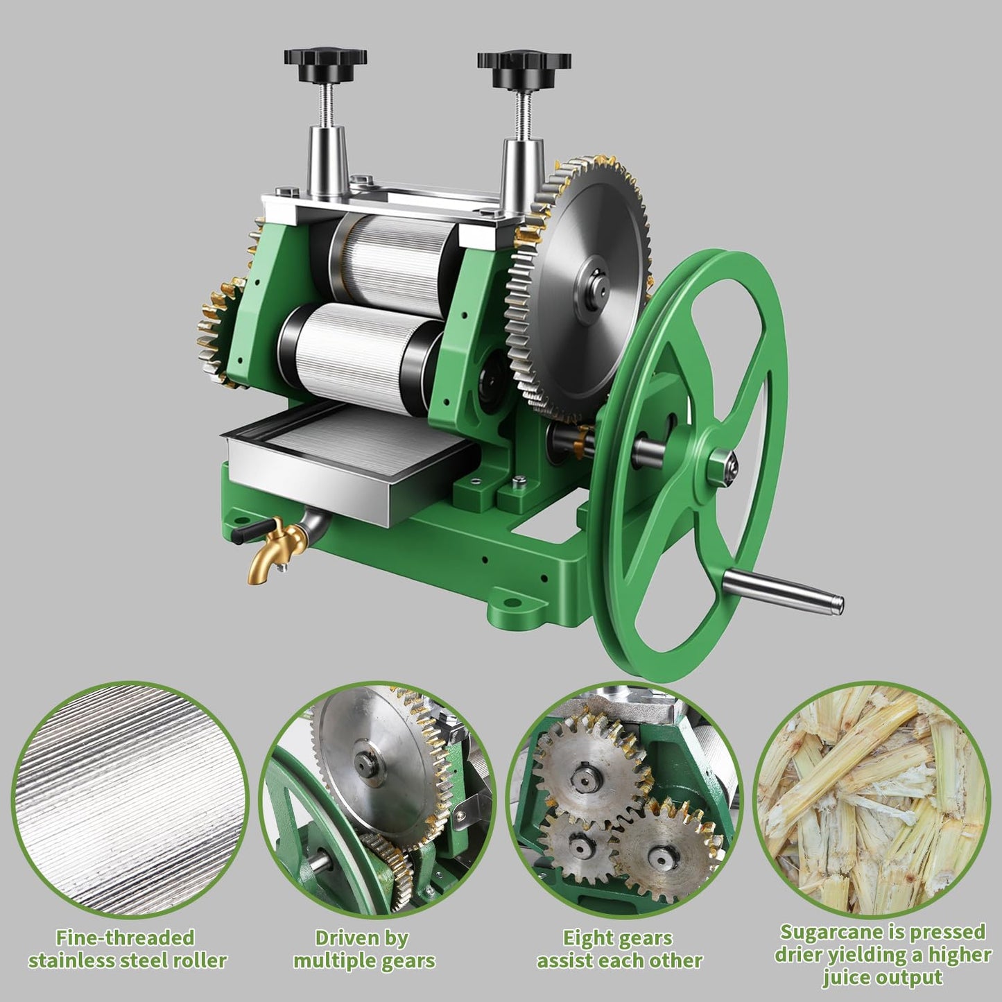 Manual Sugar Cane Press Juicer, Heavy-Duty Triple Stainless Steel Roller Design, Motor-Ready Interface, 2.5" Wide Inlet, High-Yield Hand Crank Cane Extractor for Home & Small Commercial Use