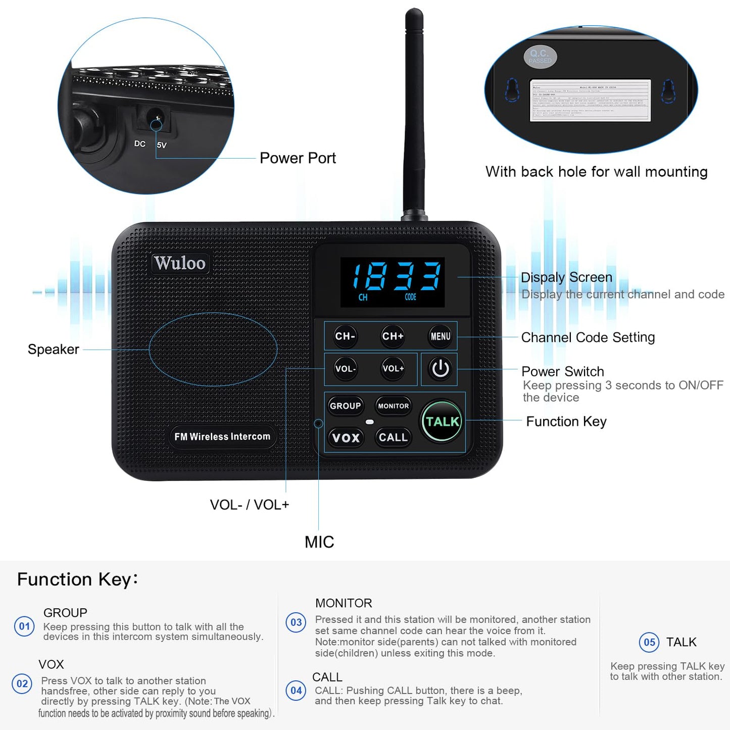 Wuloo Intercoms Wireless for Home 1 Mile Range 22 Channel 100 Digital Code Display Screen, Wireless Intercom System for Home House Business Office, Room to Room Intercom Communication(3Stations Black)