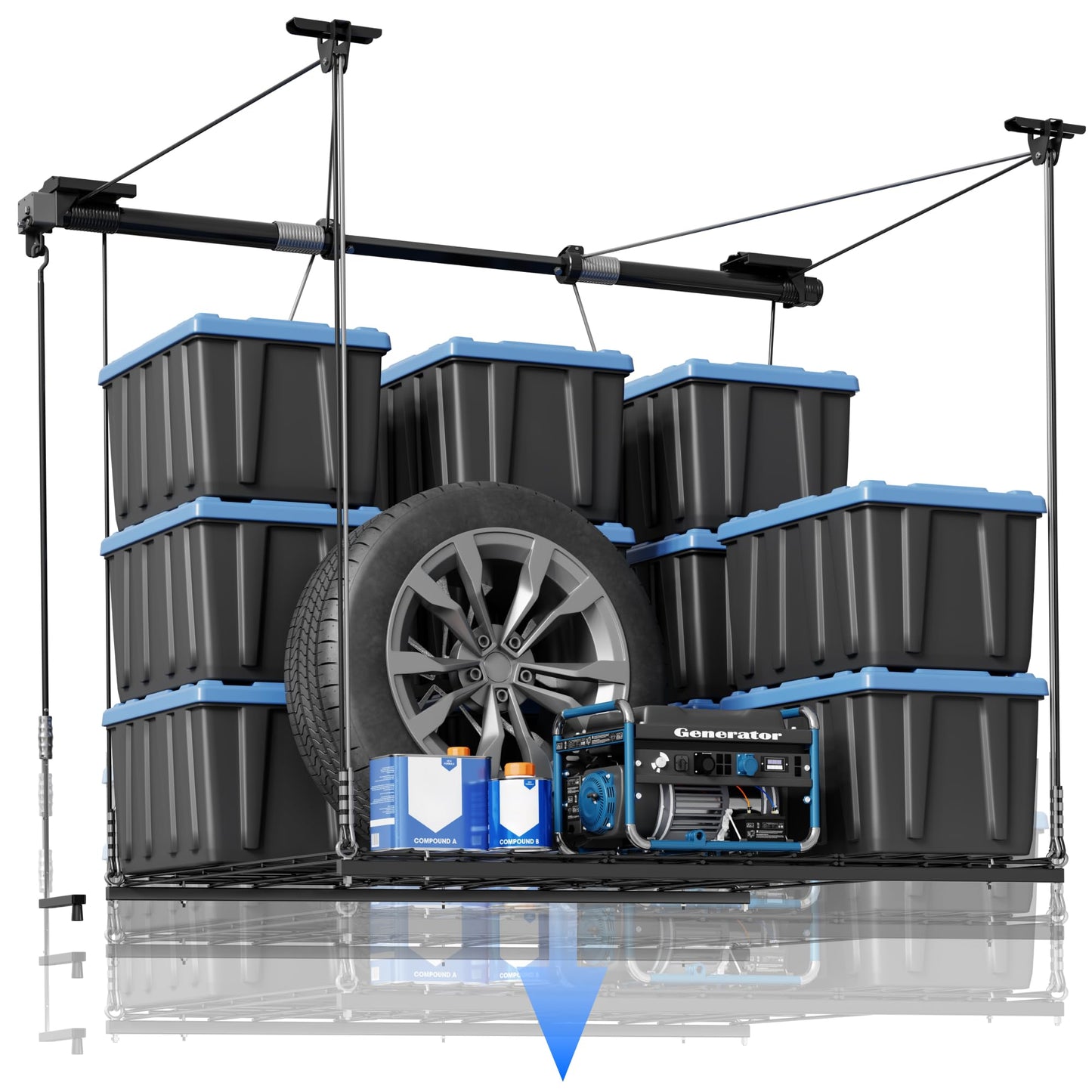 FLEXIMOUNTS Garage Lifting Metal Rack, 4x4 Ft Overhead Garage Storage Racks, Adjustable Heavy-Duty Ceiling Organization System, 350lbs Weight, Satin Black