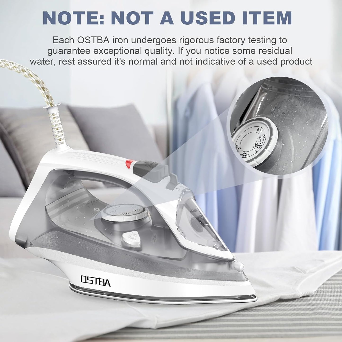 OSTBA 1600W Steam Iron - Rapid Heating, Nonstick Soleplate, Self-Cleaning, 300ml Water Tank