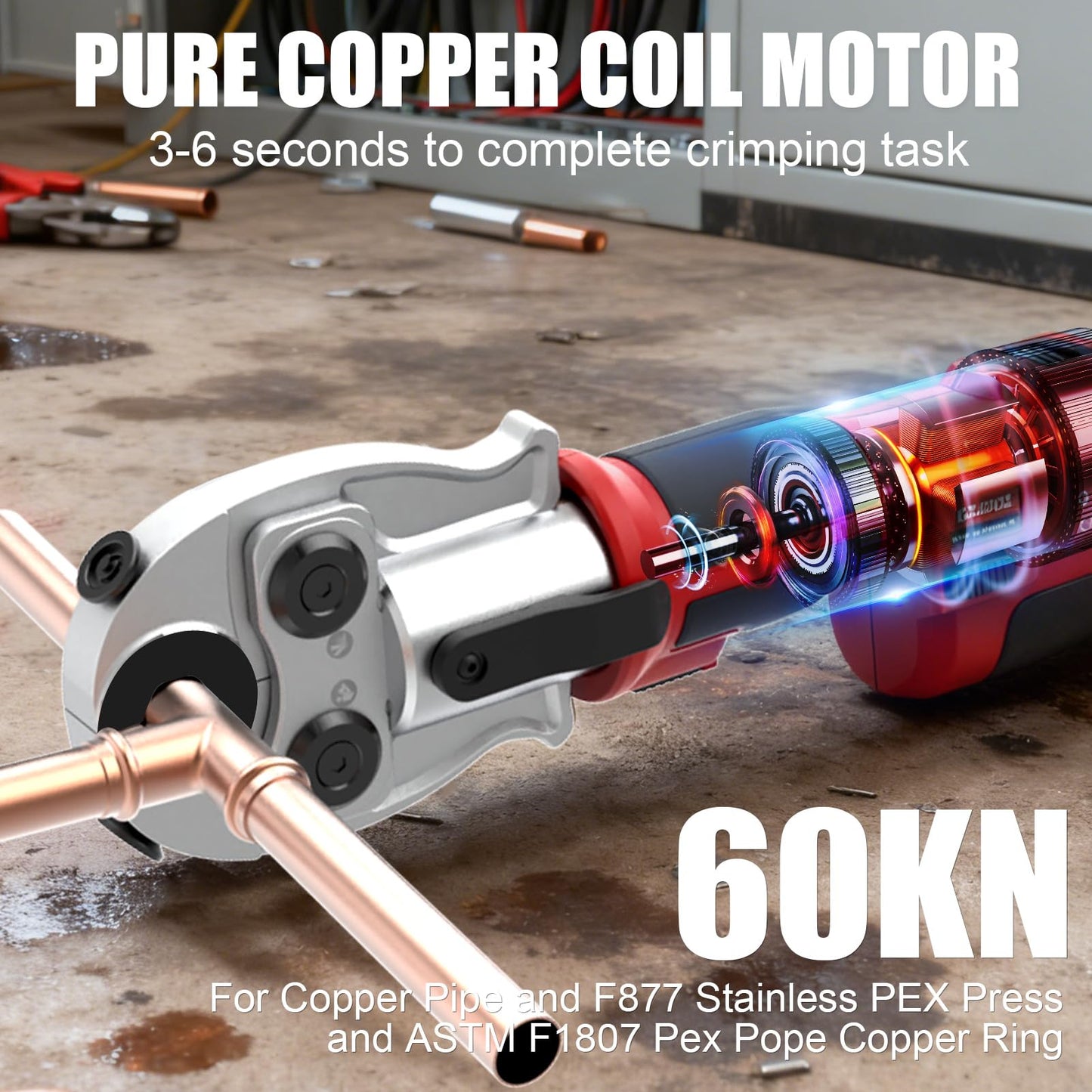 ketailei 18V MAX 22KN Pro Press Tool, Cordless Plumbing Kit for Copper & PEX Pipes, 3-Second Fast Cycle, 1/2" 3/4" 1" Copper Dies, 3/8"–1" ASTM F1807 PEX Dies, F877 Stainless Sleeves (KF-1930SF)