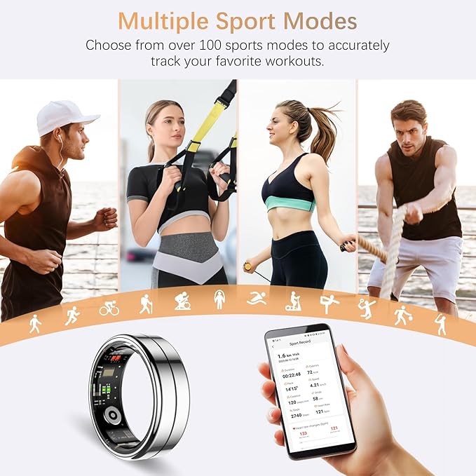 Fit Ring, Smart Health Rings for Women Men with Heart Rate,Blood Oxygen,HRV,Stress Level, Sleep Monitor, Step Tracker, No Subscription Fee, IP68 Waterproof Smart Ring for iphone &Android (Silver, 7#)