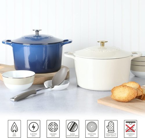 Martha Stewart Gatwick 7-Quart Enamel Cast Iron Dutch Oven - Linen White with Gold | Durable for Slow Cooking & Baking