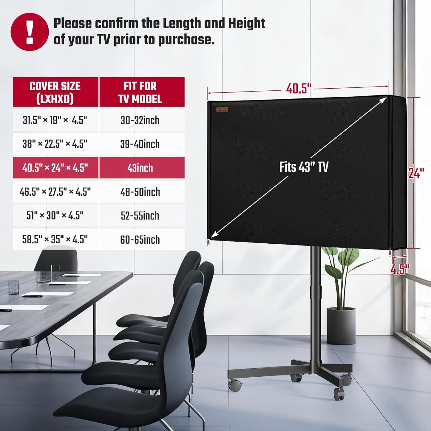 43" 600D Mobile Outdoor TV Stand Cover, Television Covers with Side Zipper for Rolling TV Stand, Weatherproof TV Screen