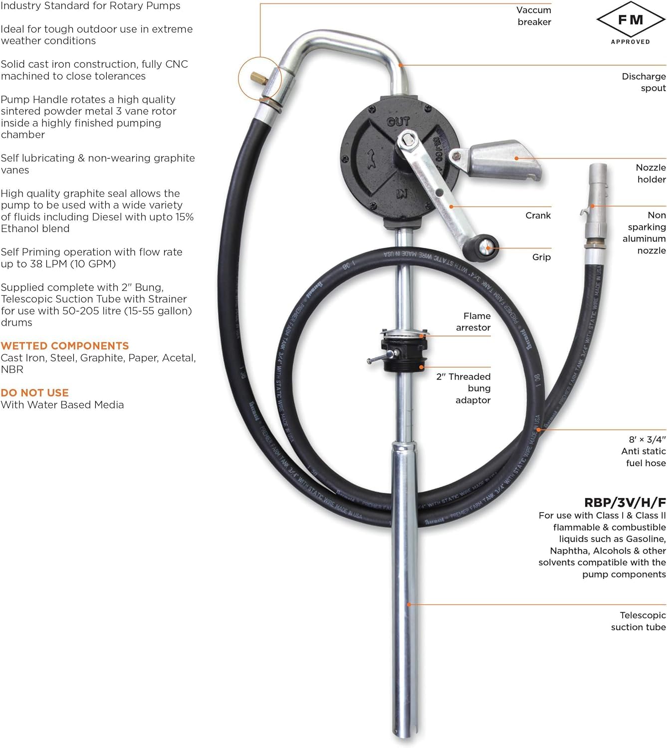Groz Industrial Rotary Fuel Pump, FM-Approved Cast Iron, 3-Vane, 38 LPM/10 GPM, 8 ft Anti-Static Hose, Aluminum Nozzle, Vacuum Breaker & Flame Arrestor, 2 in Bung, Fits 15-55 Gal Drums (44082)
