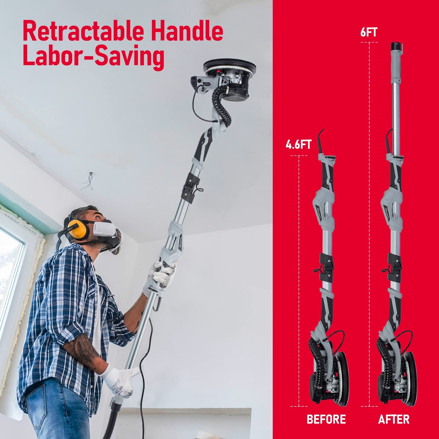 Garvee Drywall Sander, 800W Electric Sander with 12 Sanding Discs, Variable Speed 800-1800 RPM Wall Sander with Automatic Dust Removal System, LED Lights, Extendable Handle, Dust Bag & Carrying Bag