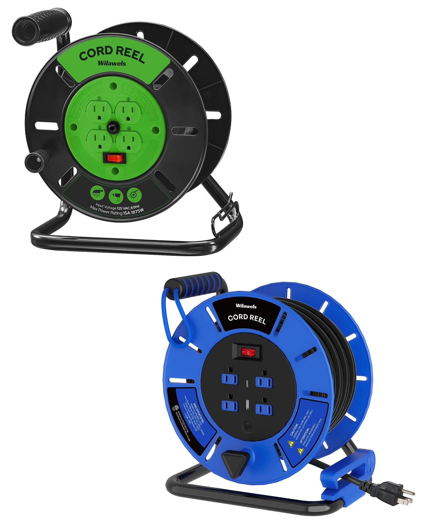 WILAWELS Extension Cord Storage Reel with 4-Grounded Outlets and 80 FT Retractable Extension Cord Reel Bundle, for Indoor Outdoor Use J95CR06-U80ACR06