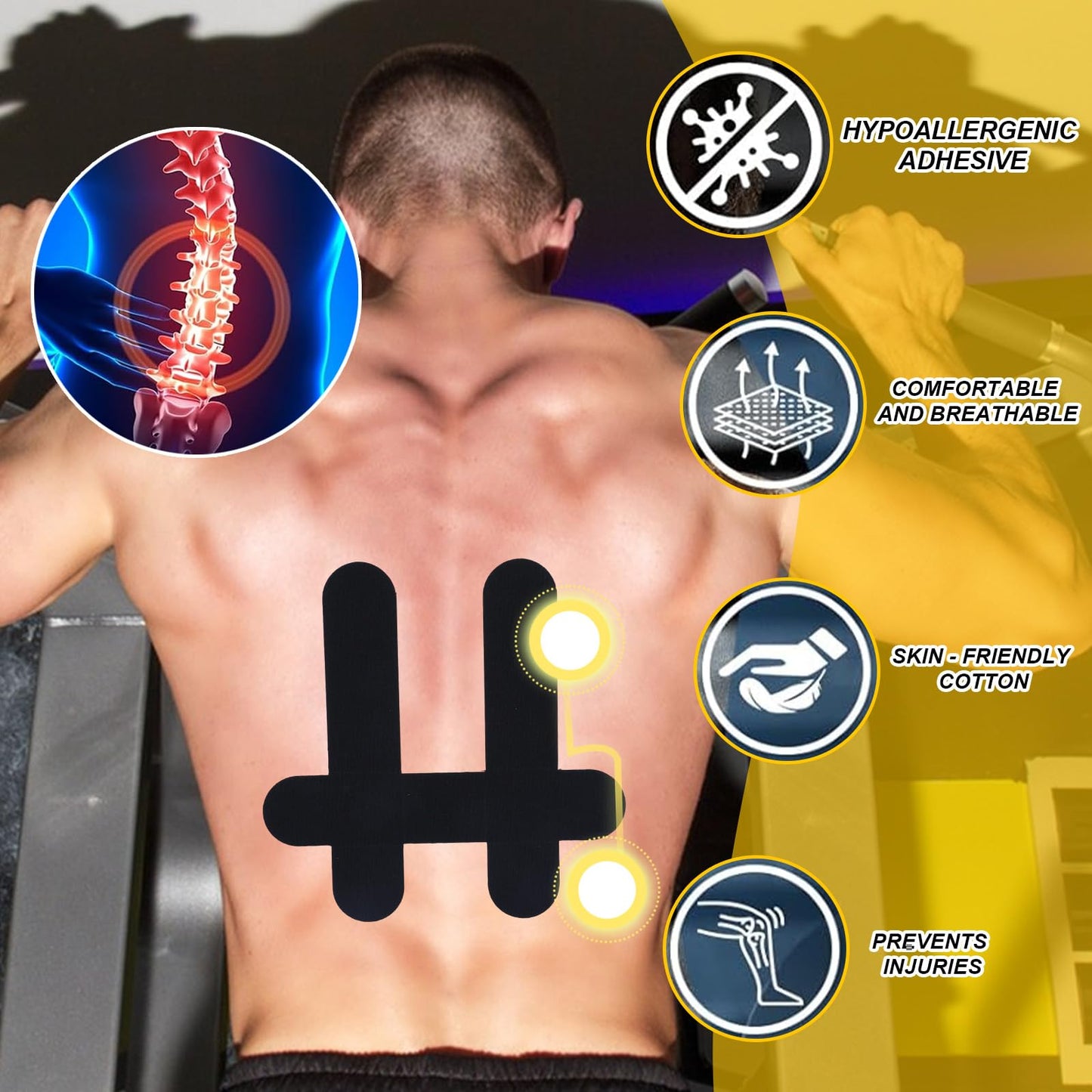 12pcs Kinesiology Tape for Lower Back, Breathable & Waterproof Lower Back Sports Tape Precut Strips Cotton Elastic Athletic Sticker for Muscle Support (Black)