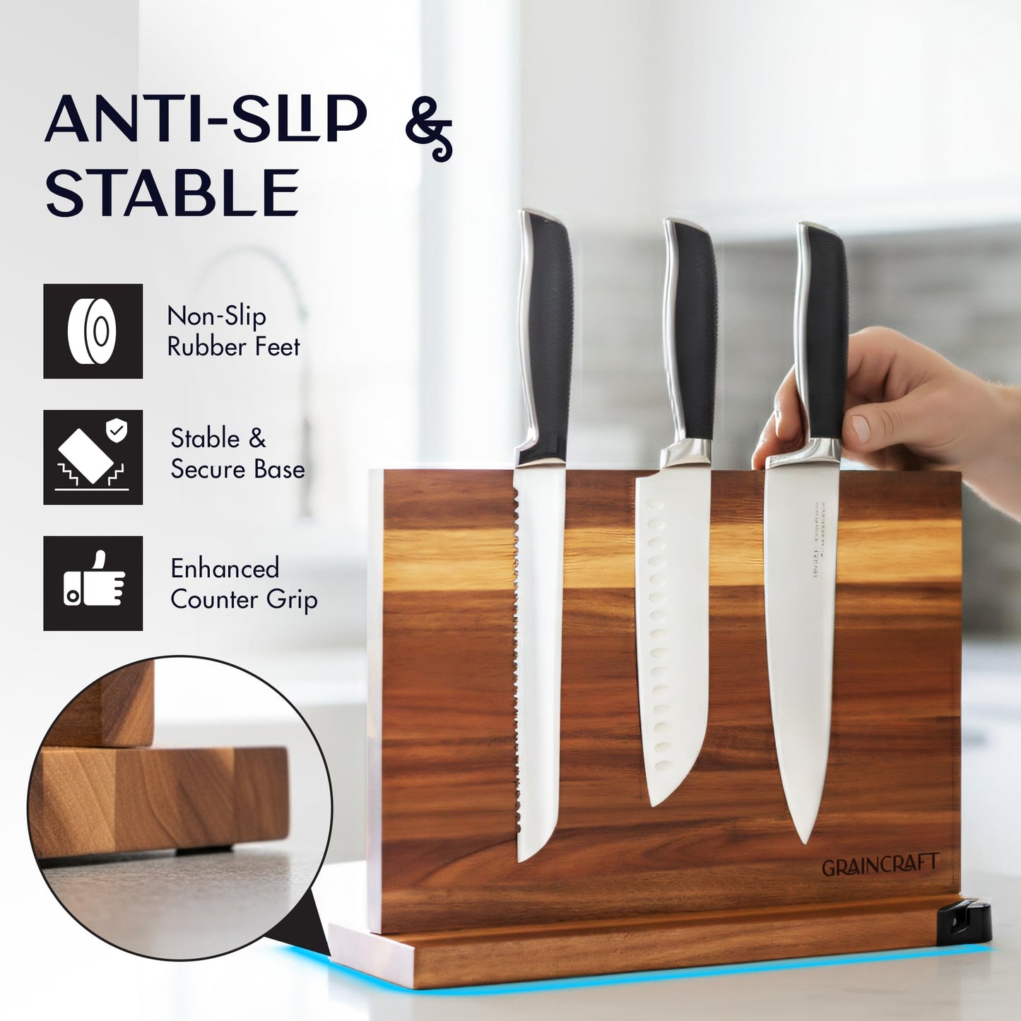 Graincraft Magnetic Knife Block with Sharpener, Countertop Magnetic Knife Holder, 3X Double Sided Magnet Knife Stand, Non-Slip Base, Kitchen Knife Storage Organizer (Acacia)