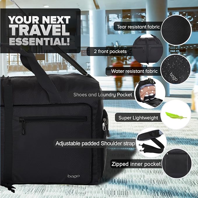 Bago Large Foldable Duffel Bags for Traveling Women & Men - 80L Packable Duffle Bag for Travel with Shoe Compartment - Water Repellant, Heavy Duty, Lightweight Folding & Collapsible (All Black)