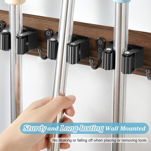 Brown Broom Holder Wall Mount - Heavy-Duty Wood Mop & Broom Organizer with 5 Slots & 4 Hooks | Rustic Tool Hanger for Laundry, Kitchen & Garage Storage